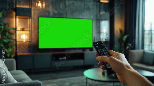 Person watch modern tv with green screen pov. Cozy living room with large television displaying chroma key mock up. Man hand holds remote control. Home entertainment. First point of view. Empty mockup