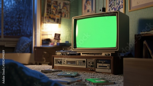 Cozy living room with vintage television set green screen, nostalgic atmosphere. Collection old media scattered on floor. Old retro box tv with mock up, chroma key template. Empty mockup, blank space.