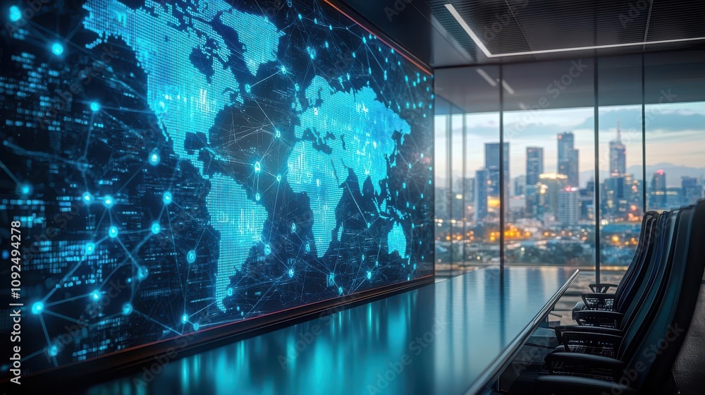 A modern conference room features a digital world map display showcasing global connectivity against a city skyline backdrop A modern conference room features a digital world map display showcasing global connectivity against a city skyline backdrop
