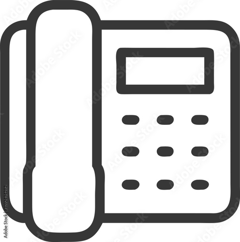 Landline Telephone Icon with Keypad and Display, Black and gray outline icon of a landline telephone featuring a keypad and display, symbolizing classic communication and office equipment.
