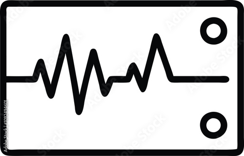 Minimalist Vital Signs Monitor Icon, Black and white outline icon of a vital signs monitor with a heartbeat waveform, symbolizing medical diagnostics and patient monitoring.
