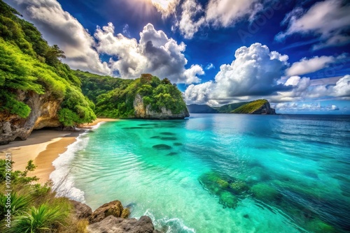 Stunning Low Light Photography of Turquoise Waters and Sandy Beach Surrounded by Lush Green Cliffs Under a Bright Blue Sky - Perfect for Nature and Travel Enthusiasts