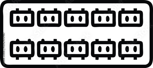 Minimalist Power Strip with Multiple Outlets Icon, Black and white outline icon of a power strip featuring multiple outlets, symbolizing energy distribution for electronic devices and appliances.
