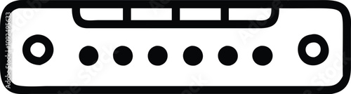 Minimalist Network Switch Icon with Ports, Black and white outline icon of a network switch featuring multiple ports and indicator lights, symbolizing connectivity and data management in networking.
