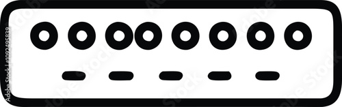 Minimalist Network Switch Icon with Ports, Black and white outline icon of a network switch featuring multiple ports and indicator lights, symbolizing connectivity and data management in networking.
