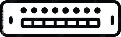 Minimalist Network Switch Icon with Ports, Black and white outline icon of a network switch featuring multiple ports and indicator lights, symbolizing connectivity and data management in networking.

