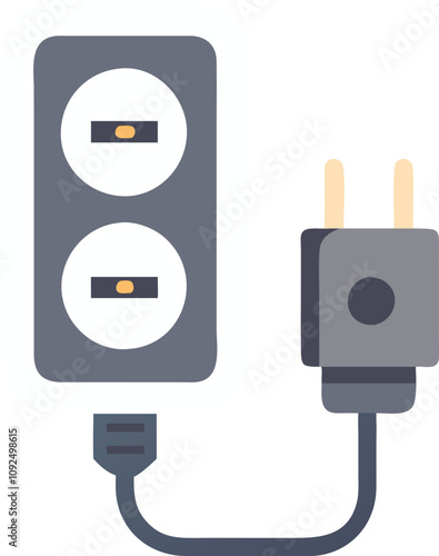 Dual Socket Power Outlet with Plug Icon, Flat illustration of a dual socket power outlet with a plug and cable, symbolizing energy supply and multiple device connections.
