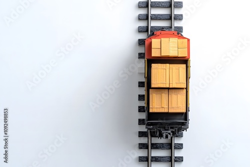 Colorful toy train with stacked wooden boxes on a railway track against a minimalist backdrop, highlighting themes of transportation and childhood playfulness. photo