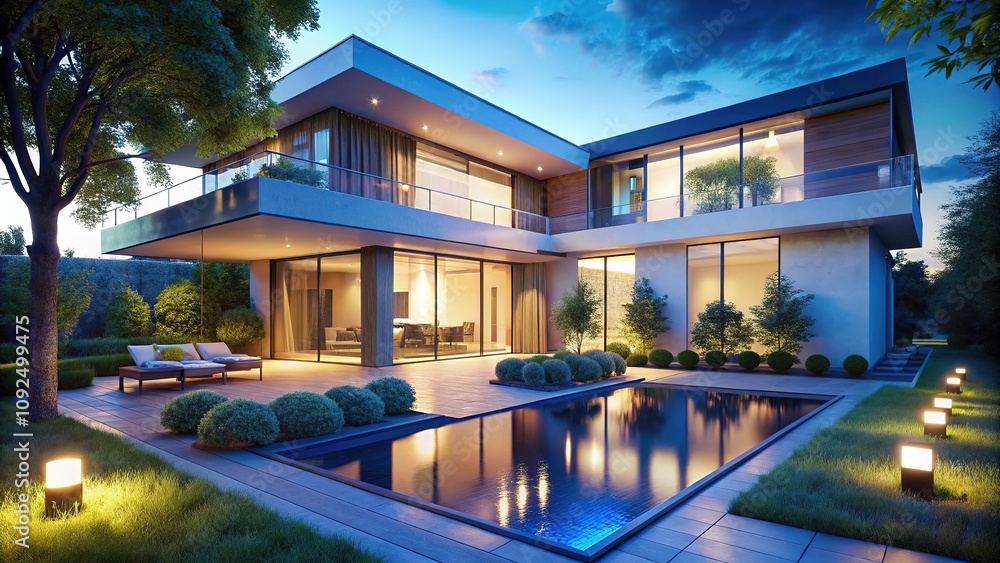 Fototapeta premium Stunning modern home bathed in a dreamy blue light. AI photography.