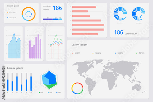 Financial dashboard featuring global data visualizations, bar charts, line graphs, and geographic insights. Data-driven projects. Concept of economics, financial analytics, business