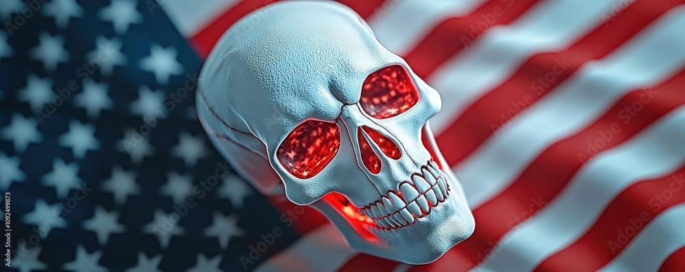 Fototapeta premium Decorative skull on an American flag, symbolizing culture and identity.