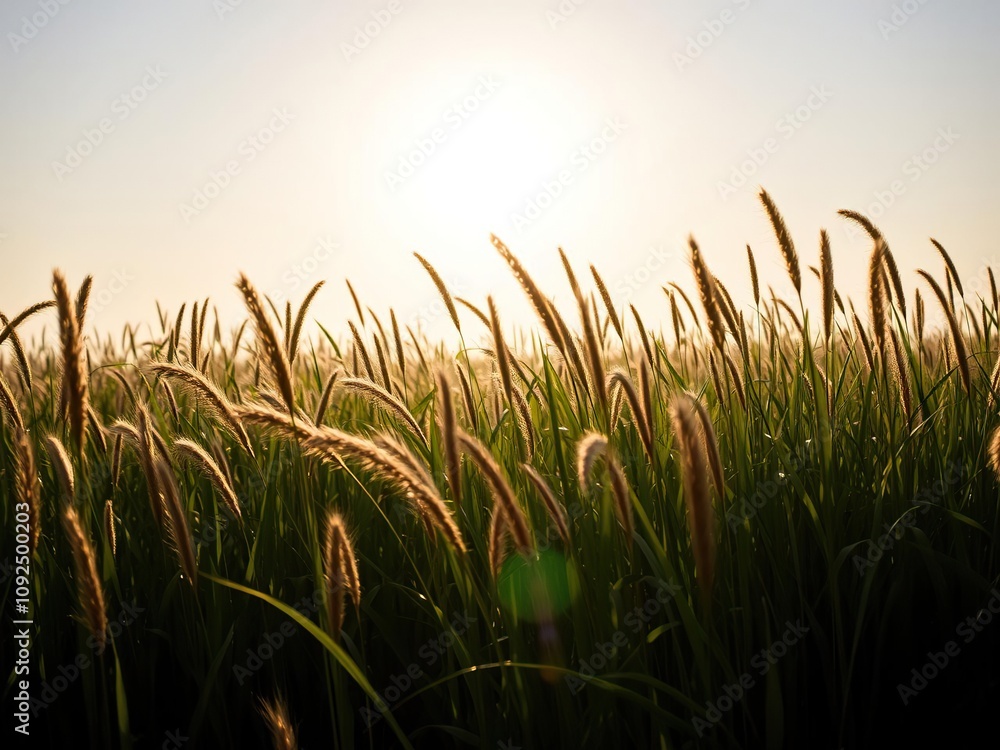 Fototapeta premium The warm sun shines down on a sea of tall grass as it bobs and sways in the gentle wind, tall grass, open field, rural scene