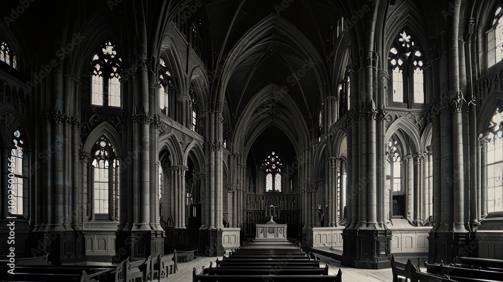 Fototapeta premium Dark Gothic cathedral interior, rows of pews, high ceilings, arched windows, altar.