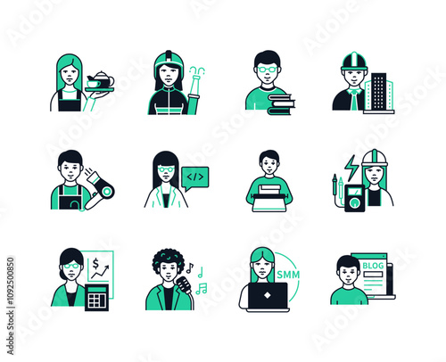 Professions for women and men - line design style icons set