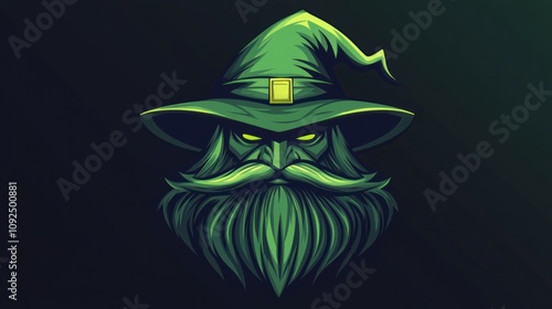 A green wizard with a long beard and a pointed hat.