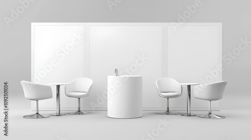 realistic trade show chairs and tables, or a white blank stand booth for corporate or exhibition  photo