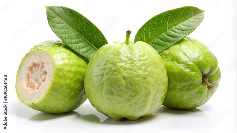 Fototapeta premium Guava fruit with a leaf and two apples next to fresh vegetables like cabbage and Brussels sprouts on a white background
