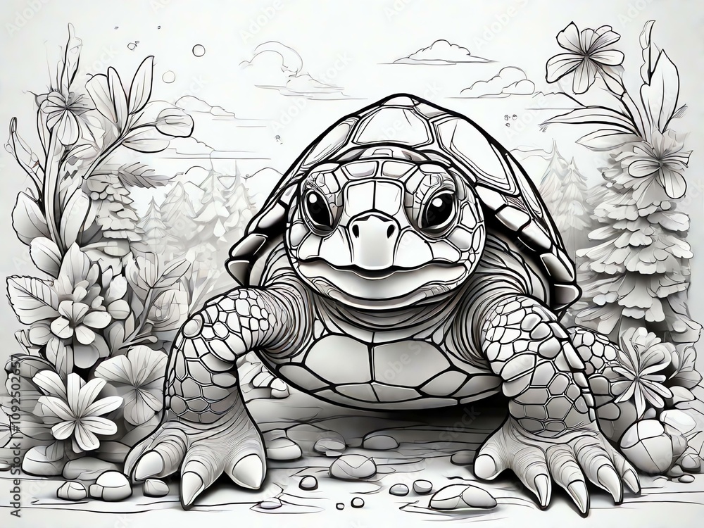 Kids coloring page: 8K Ultra HD, detailed turtle outline in cartoon style, white background, black lines, Adobe Illustrator.