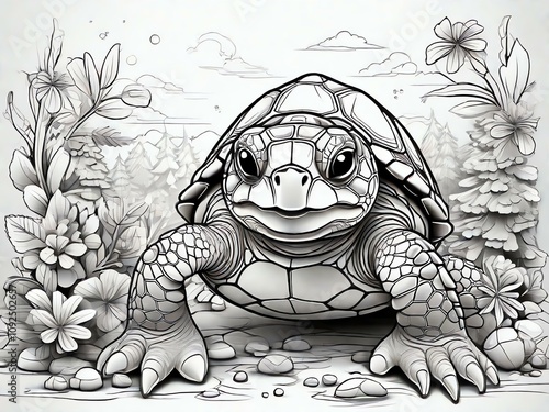 Obraz na płótnie Kids coloring page: 8K Ultra HD, detailed turtle outline in cartoon style, white background, black lines, Adobe Illustrator. w salonie