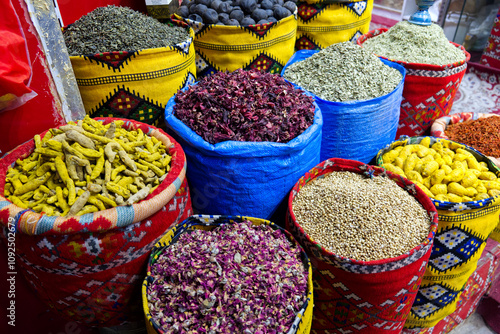 colorful baskets full of spices in a Middle Eastern souk