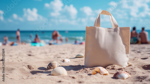 Wallpaper Mural Canvas tote bag on beach with shells and blurred people, copy space Torontodigital.ca