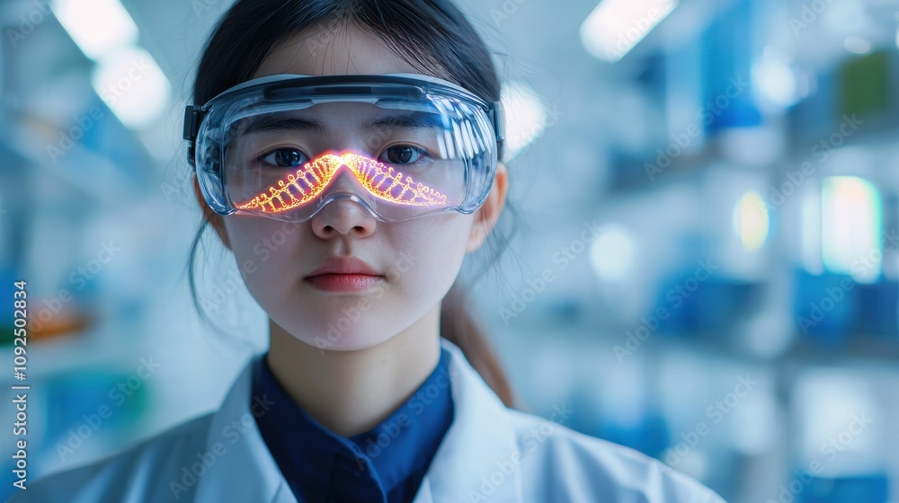 A focused female scientist in protective goggles and a lab coat stands in a laboratory filled with shelves of colorful glassware. A focused female scientist in protective goggles and a lab coat stands in a laboratory filled with shelves of colorful glassware.