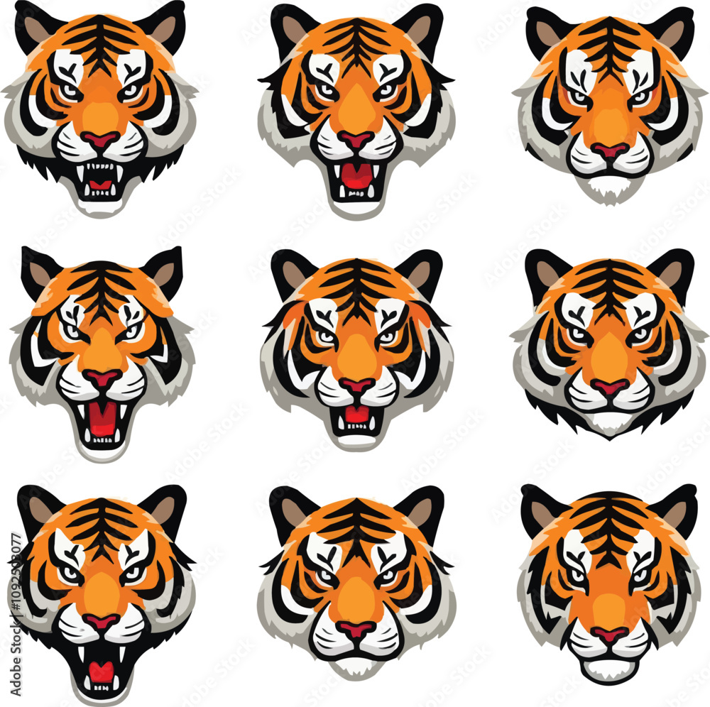 Obraz premium Set of tiger heads icon vector illustration with white background