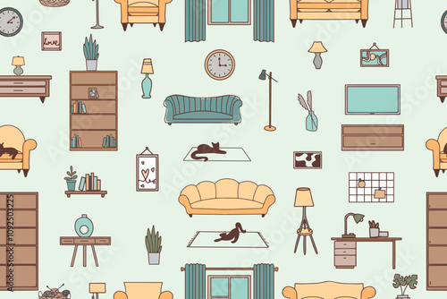 Seamless colorful pattern of home furniture and decor items. Interior and furniture icons in doodle style, use for factory design or wallpaper. Vector.