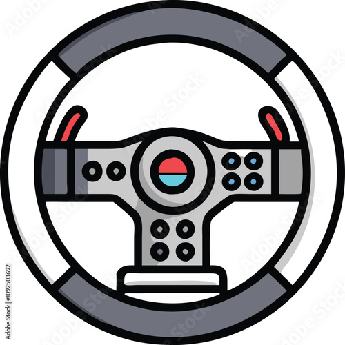 Racing Steering Wheel Icon with Buttons, Colorful icon of a racing-style steering wheel featuring buttons and controls, symbolizing automotive technology and performance driving.
