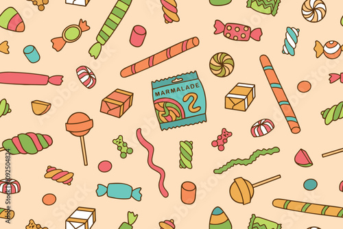 Seamless pattern with colorful candies and sweets. Texture for banners, wallpaper, textile, wrapping paper, confectionery or kids party. Vector 