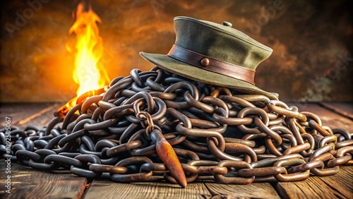 A pile of broken chains with a revolutionary hat and a torch laying on top photo