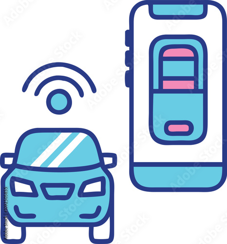 Smart Car Remote Control with Wireless Icon, Colorful icon depicting a smart car and remote control with wireless signals, symbolizing keyless entry and vehicle automation technology.

