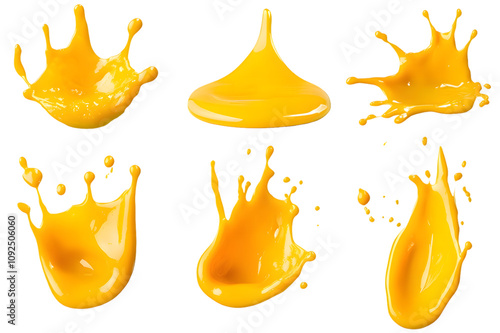 Set of yellow drops and splashes of cheese sauce isolated on transparent background photo