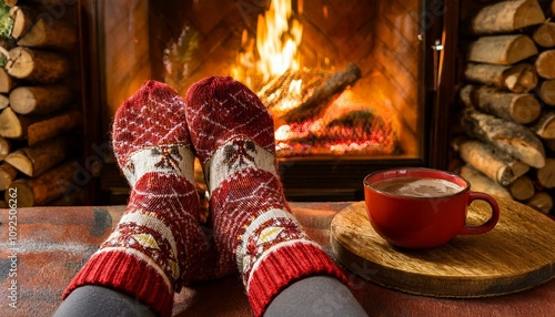 Wallpaper Mural Feet in woolen socks by the Christmas fireplace. Torontodigital.ca