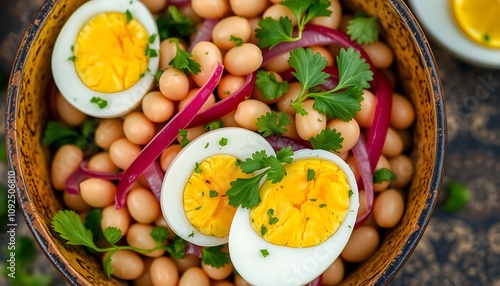 A refreshing piyaz wallpaper featuring white beans, red onions, parsley, and boiled eggs, served in a rustic dish. photo