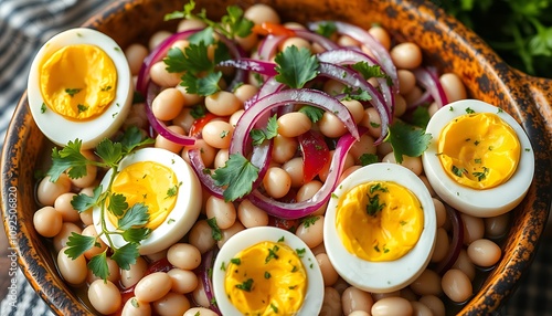 A refreshing piyaz wallpaper featuring white beans, red onions, parsley, and boiled eggs, served in a rustic dish. photo