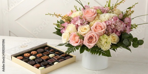 Fototapeta Naklejka Na Ścianę i Meble -  A beautifully arranged bouquet of flowers with a variety of pastel shades and a matching box of assorted chocolates, dessert, chocolate