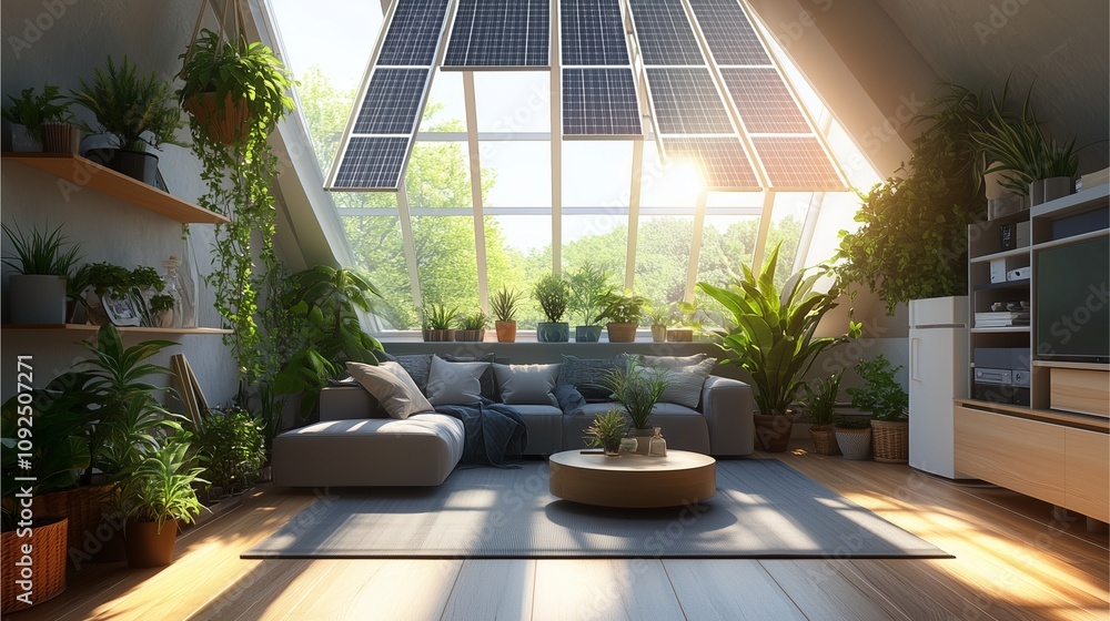 Fototapeta premium Eco-Friendly Home Green Living energy-saving sustainability, featuring a cozy modern interior with solar panels visible through large windows, energy-efficient appliances, and lush indoor plants.
