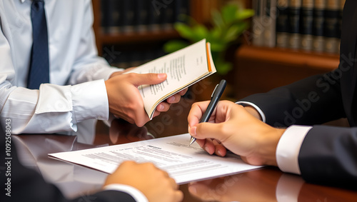 Lawyer hands holding a legal book and clarify the law to client while sign a contract at lawyer office photo