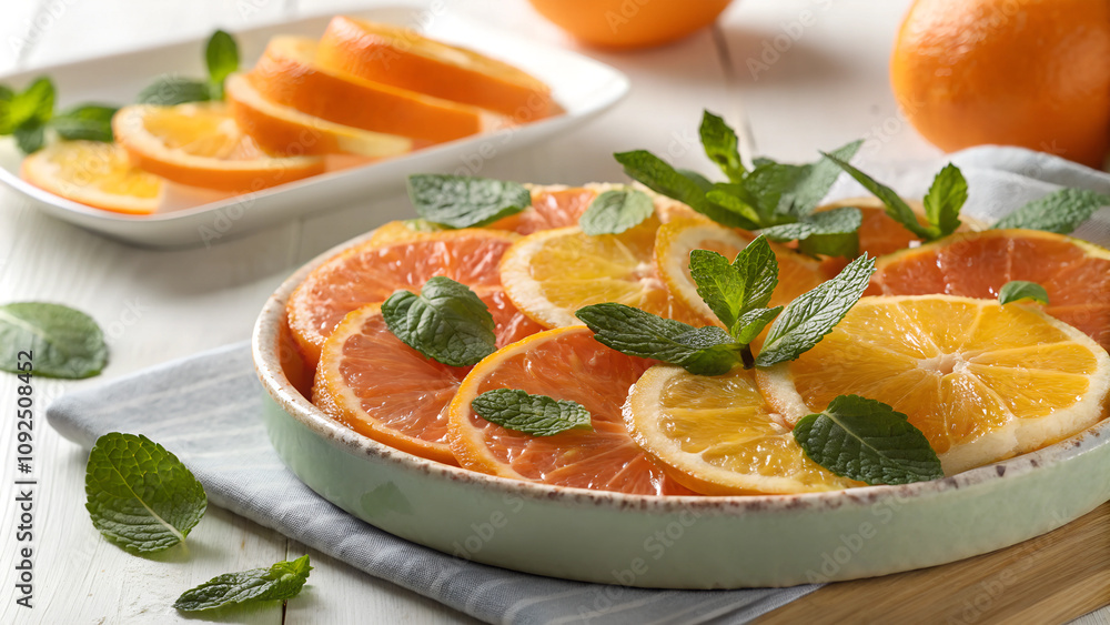 A plate with orange slices and mint leaves on it, captured in detail. A plate with orange slices and mint leaves on it, captured in detail.