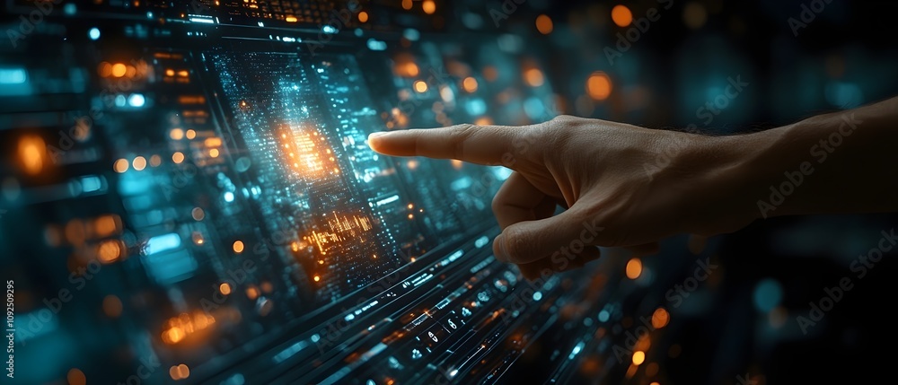 a business hand pointing at a glowing holographic KPI dashboard floating in the air, set against a dark, professional office environment. KPI hologram interface a business hand pointing at a glowing holographic KPI dashboard floating in the air, set against a dark, professional office environment. KPI hologram interface
