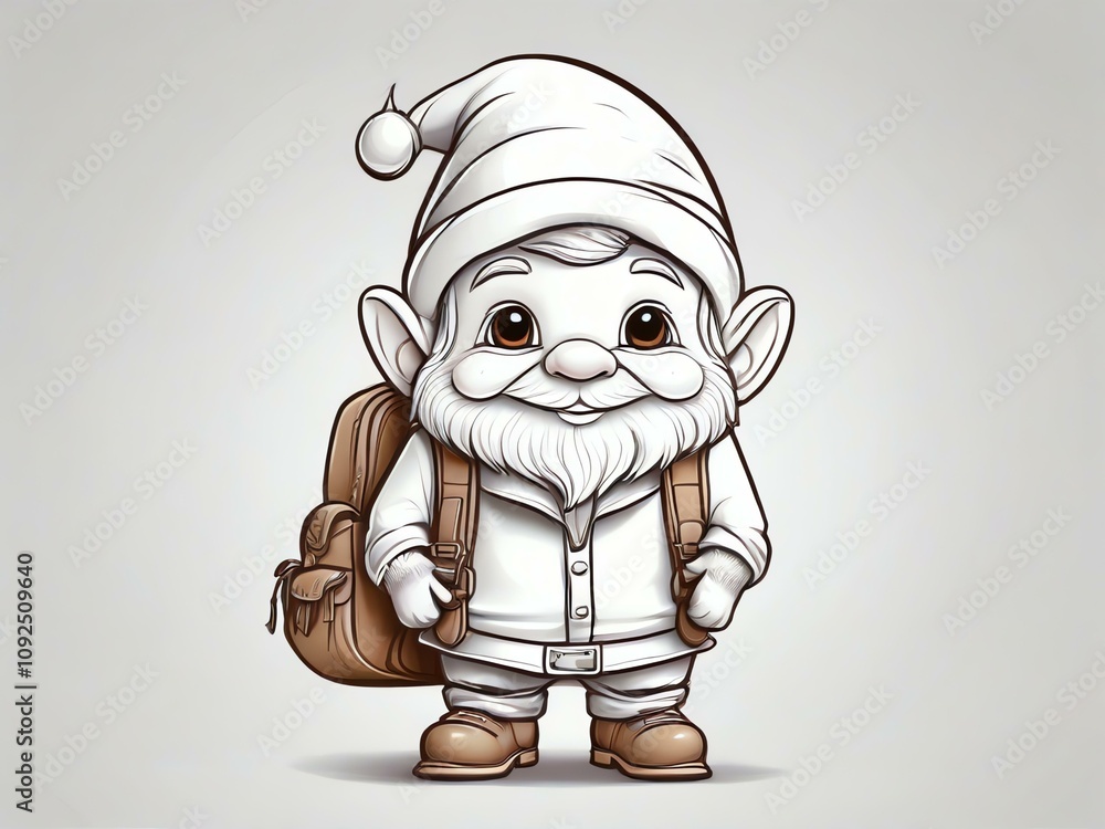 Merry Christmas: Cute Gnome with Backpack, Cartoon Style Coloring Page - Thin Line Art, All White, No Color, Clean Lines