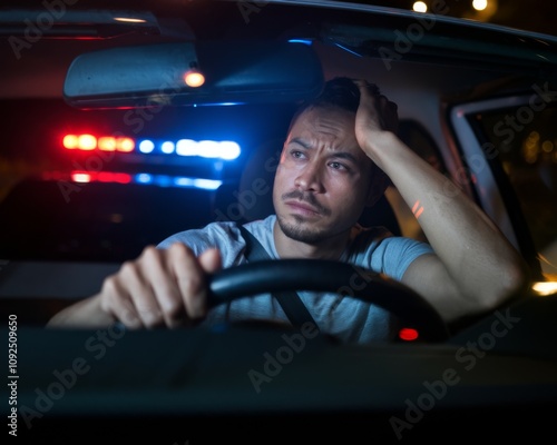 Driver Pulled Over by Police at Night with Flashing Lights in Rearview Mirror