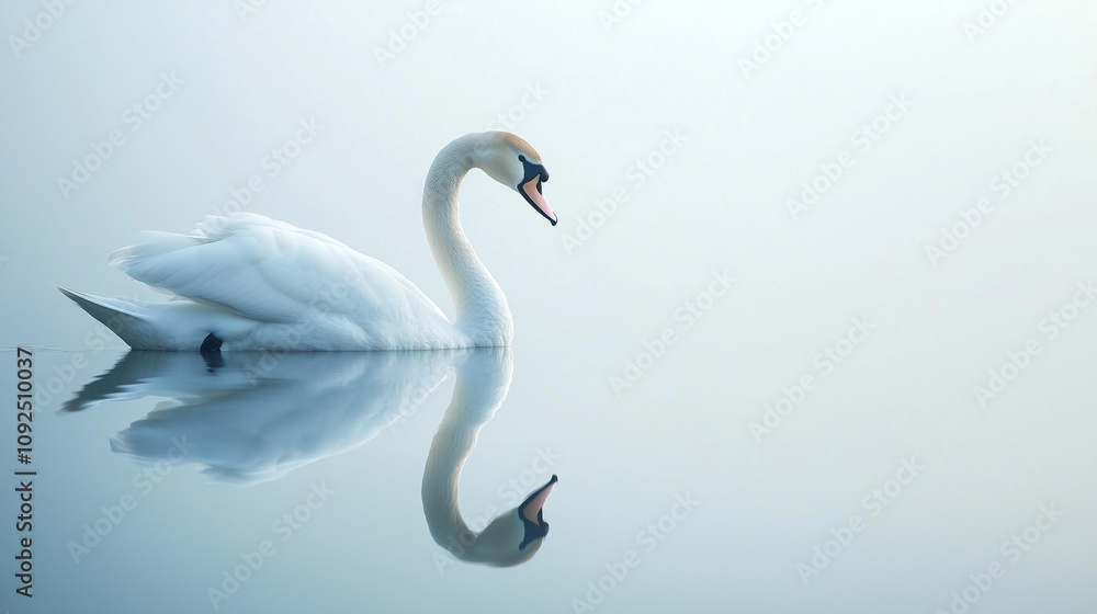 White swan with reflection on a calm misty lake White swan with reflection on a calm misty lake