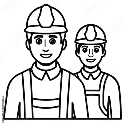 Construction workers line art vector illustration Isolated white background.