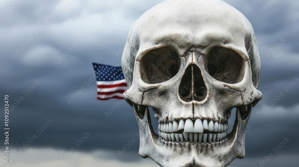 Fototapeta premium A skull with an American flag, dramatic cloudy background, symbolizes freedom and mortality.