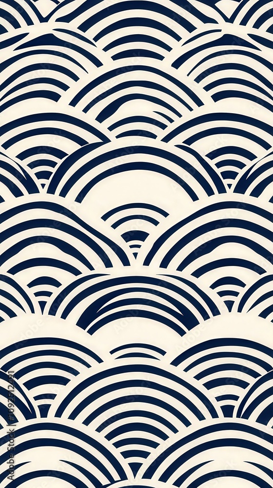 This design showcases an elegant repeating pattern of navy blue arcs against a cream backdrop, creating a dynamic visual reminiscent of ocean waves. Perfect for stylish interiors. This design showcases an elegant repeating pattern of navy blue arcs against a cream backdrop, creating a dynamic visual reminiscent of ocean waves. Perfect for stylish interiors.