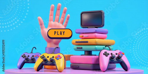 Abstract background. Mobile online gaming business idea with game controller and wireless internet technology. hand, blue, Industry, fun, development, grow, 3d rendering