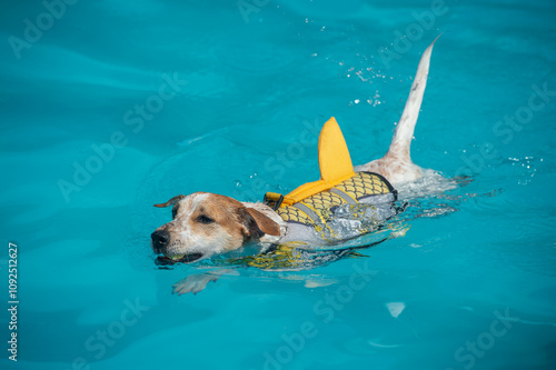 un petit chien nage dans une piscine avec un harnais jaune et un flotteur en forme d'aileron de requin photo