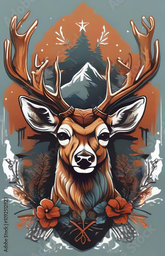 Christmas-themed deer vector illustration on a white t-shirt canvas, perfect for festive wear.